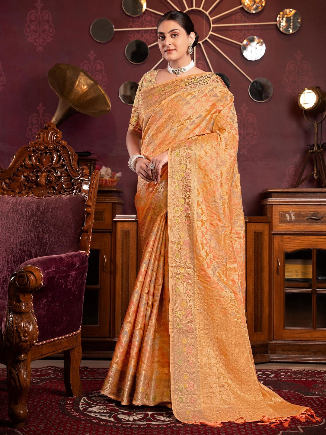 

MAHALASA Woven Design Zari Banarasi Saree, Orange