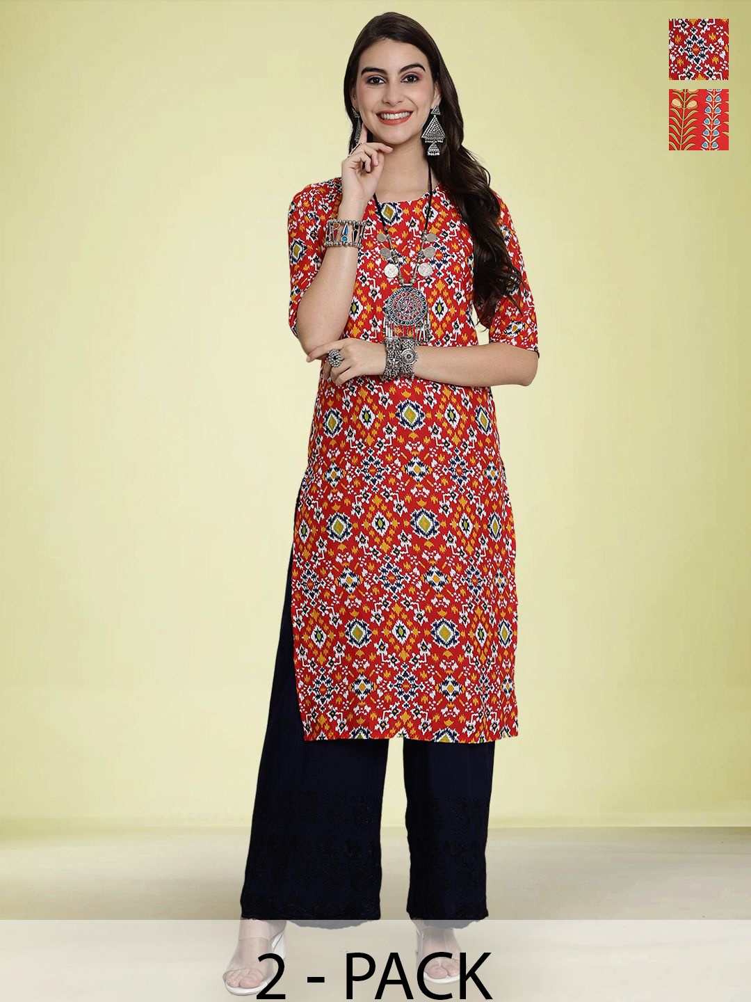 

Moda Rapido Selection Of 2 Ethnic Motifs Printed Round Neck Straight Kurtas, Red