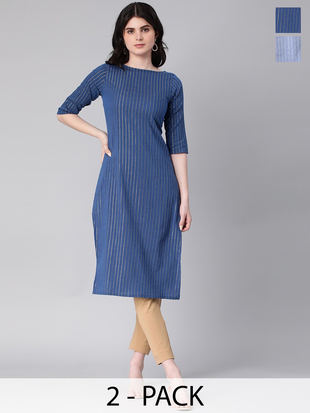

KALINI Selection Of 2 Striped Round Neck Straight Kurtas, Navy blue