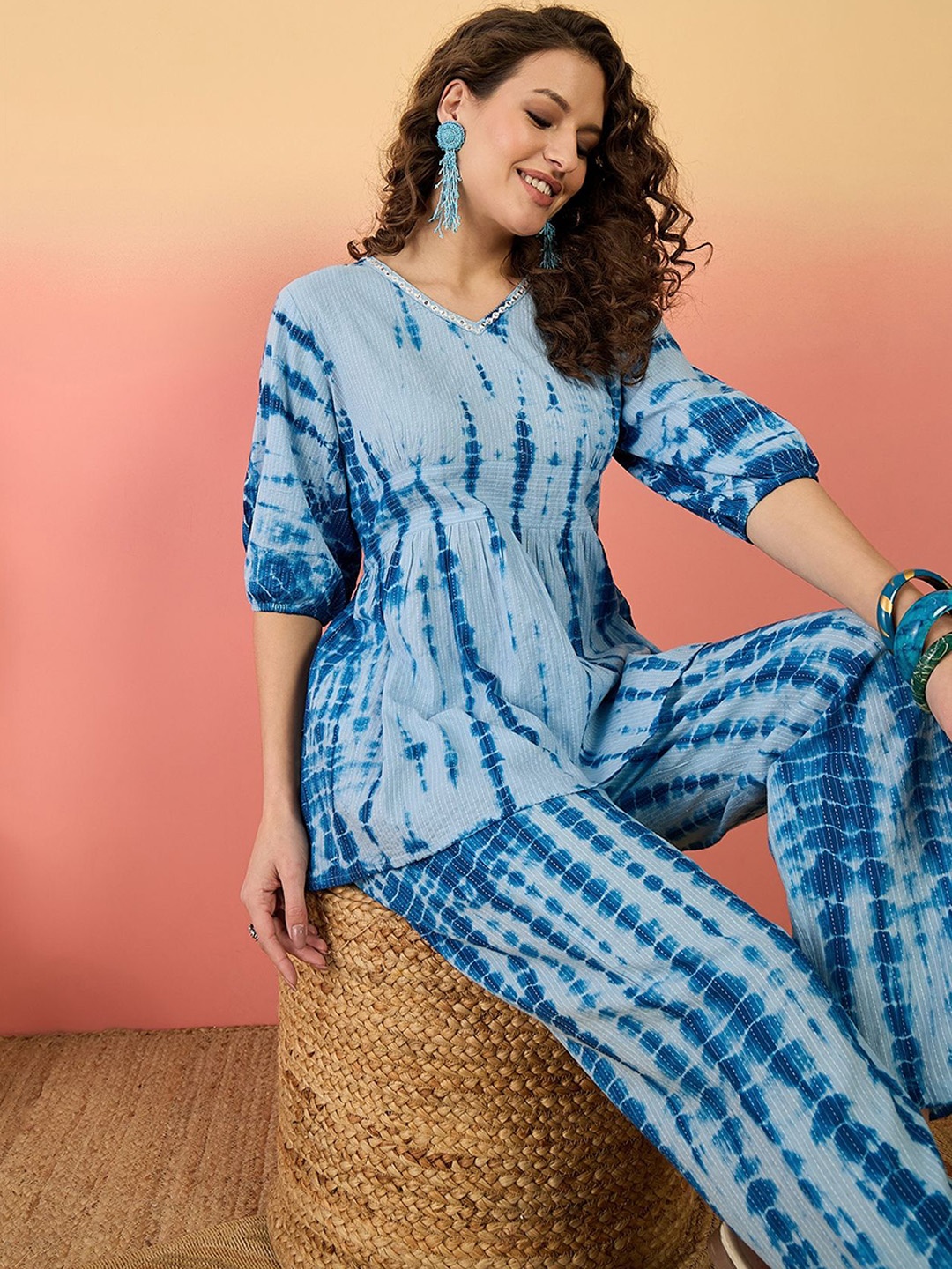 

Sangria Blue Shibori Printed Kantha Work V-Neck Puff Sleeves Pure Cotton Top & Trouser, Turquoise blue