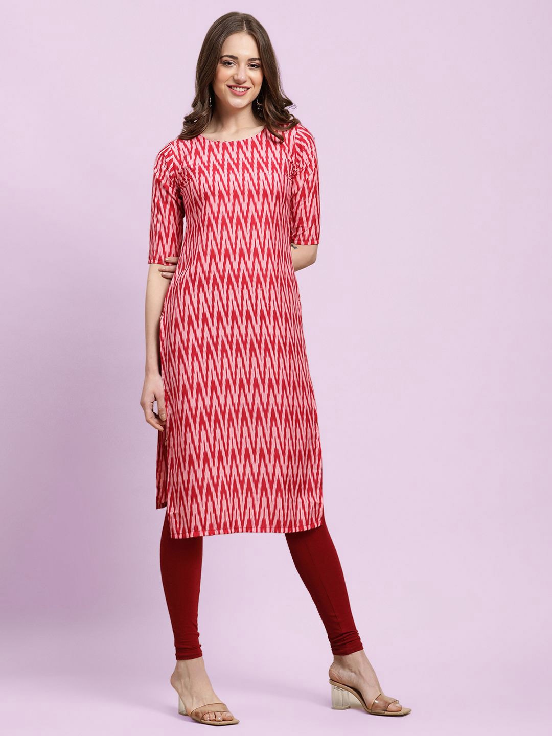 

Moda Rapido Chevron Printed Round Neck Straight Kurta, Pink