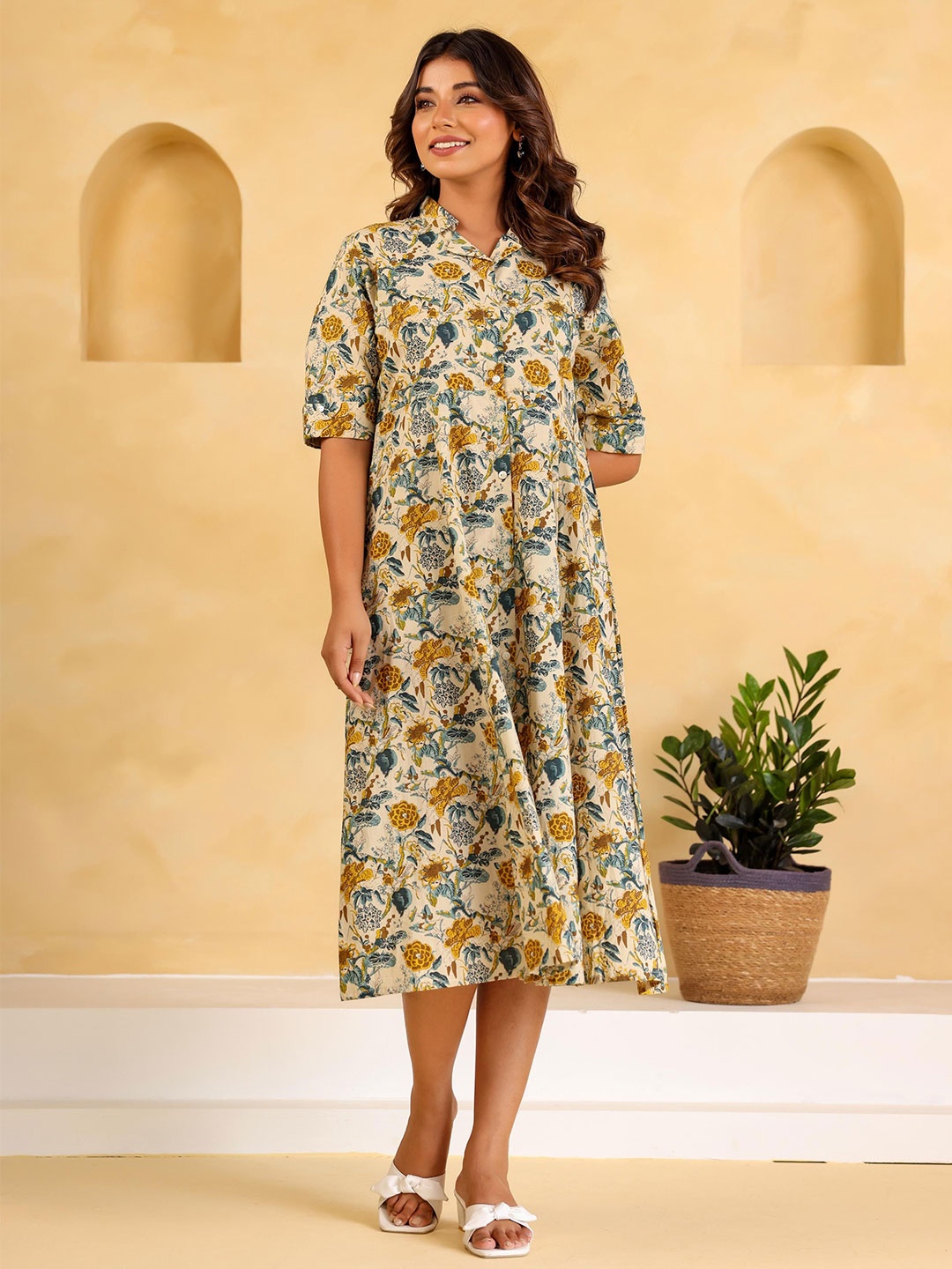 

LABEL FLAVIA Floral Printed Shirt Collar Cotton A-Line Midi Dress, Beige