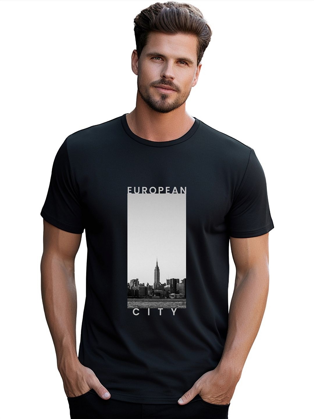 

BOWLIFESTYLE Men Graphic Printed Round Neck Cotton T-shirt, Black