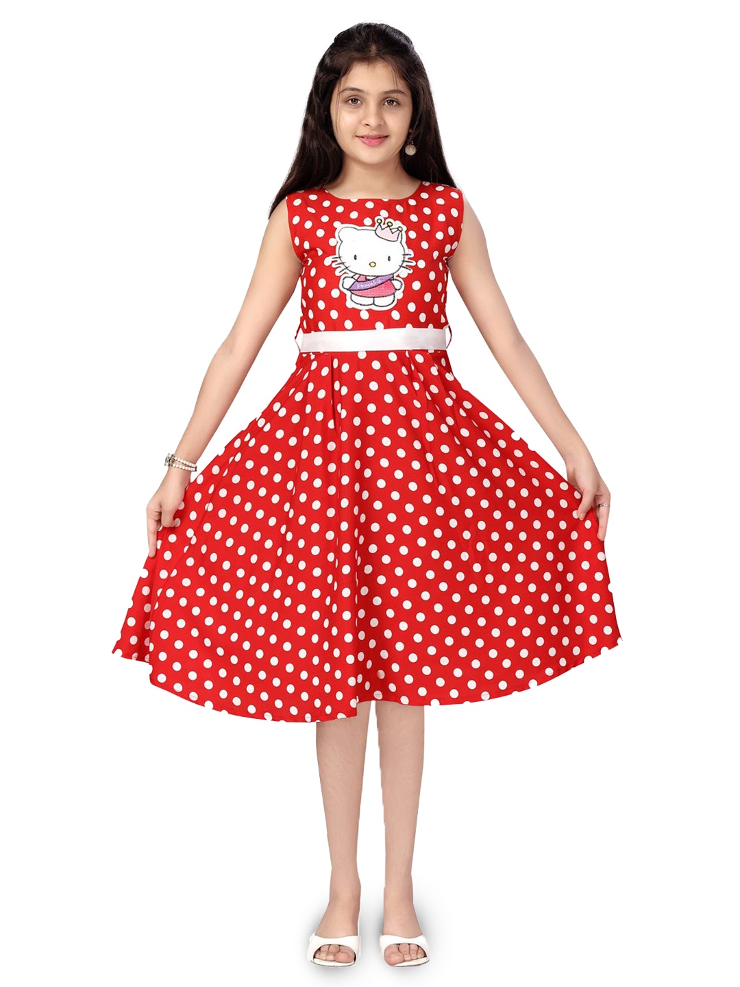 

HERE&NOW Girls Polka Dot Printed Sleeveless Boat Neck Fit & Flare Dress, Red