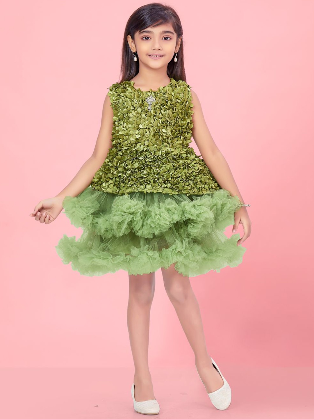 

Sangria Girls Self-Designed Net Frock, Green