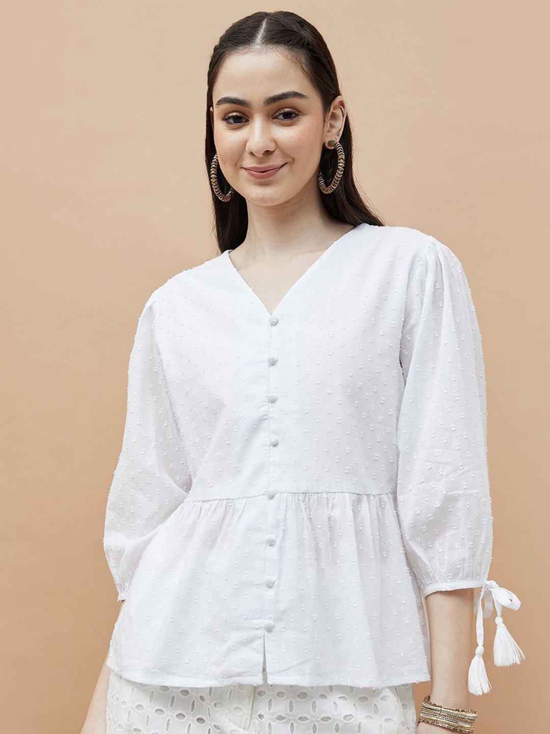 

Colour Me by Melange Puff Sleeve Cotton Top, White