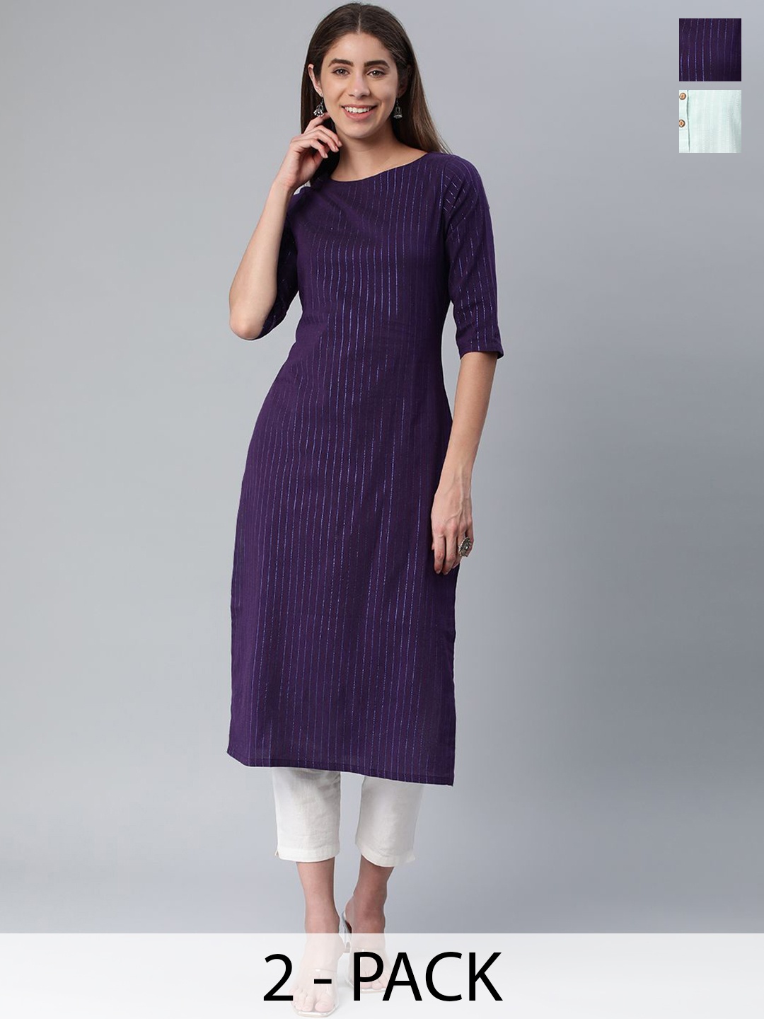 

KALINI Selection Of 2 Striped Round Neck Straight Kurta, Violet