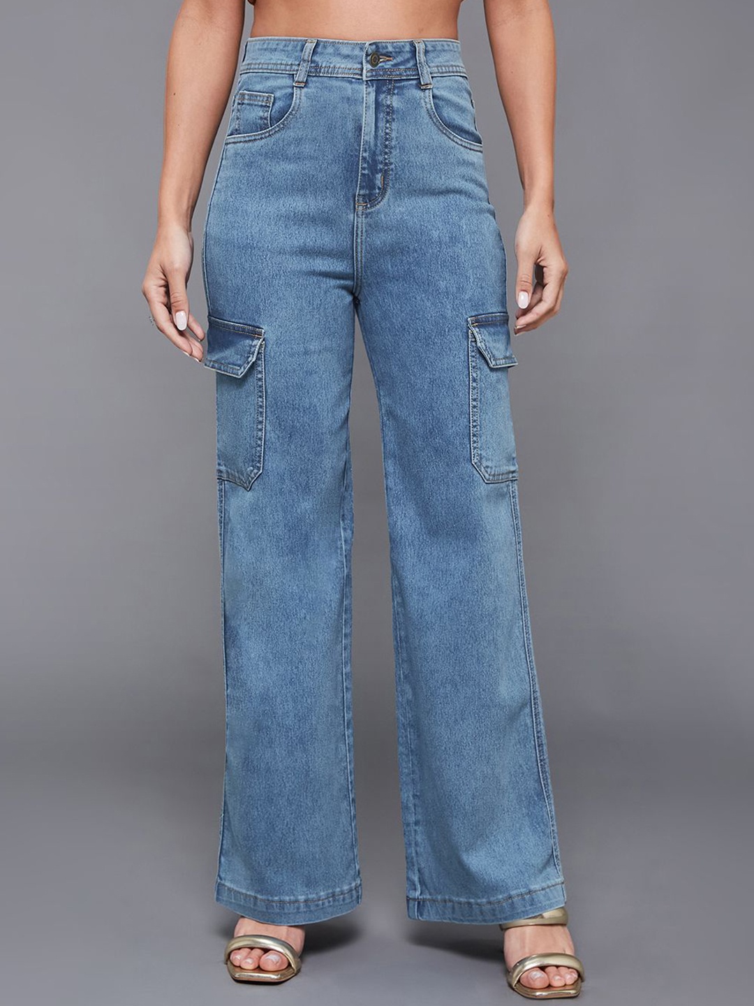 

Miss Chase Women Cryptic Message Acid Wash Wide Leg Denim Jeans, Blue