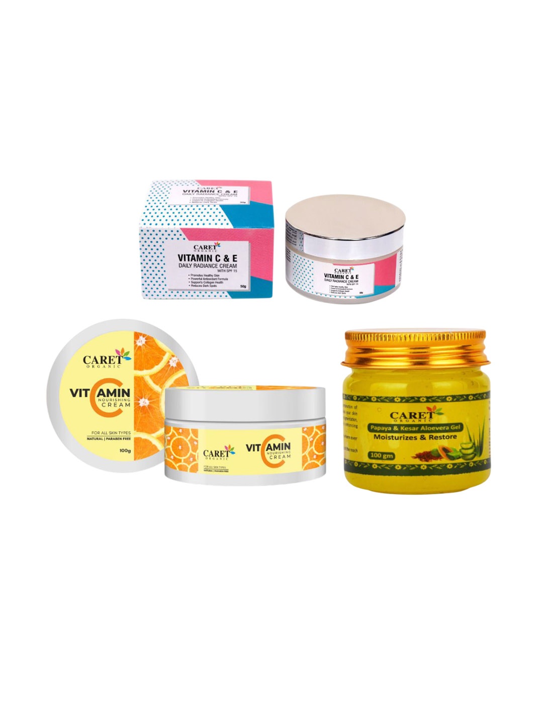 

CARET ORGANIC Set Of 3 Daily Radiance Cream- 50 ml- Vitamin C Cream- 100 g & Gel- 100 g, White