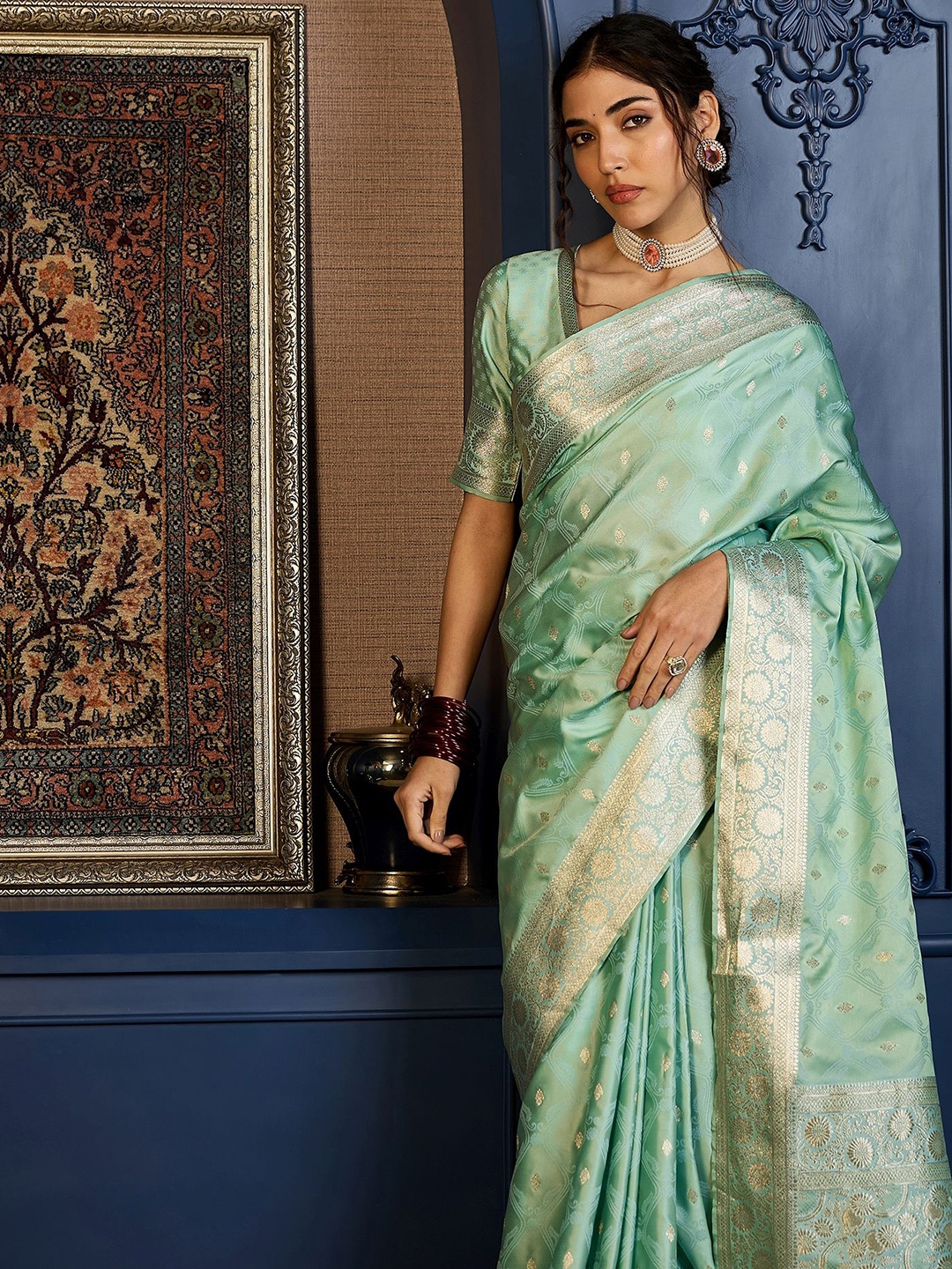 

Sangria Woven Design Zari Pure Silk Saree With Unstitched Blouse, Sea green