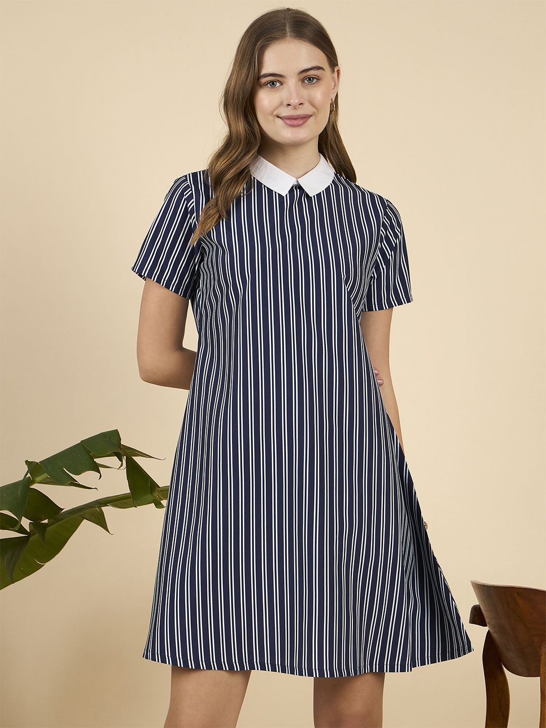 

Mast & Harbour Women Striped Peter Pan Collar A-Line Mini Dress, Navy blue