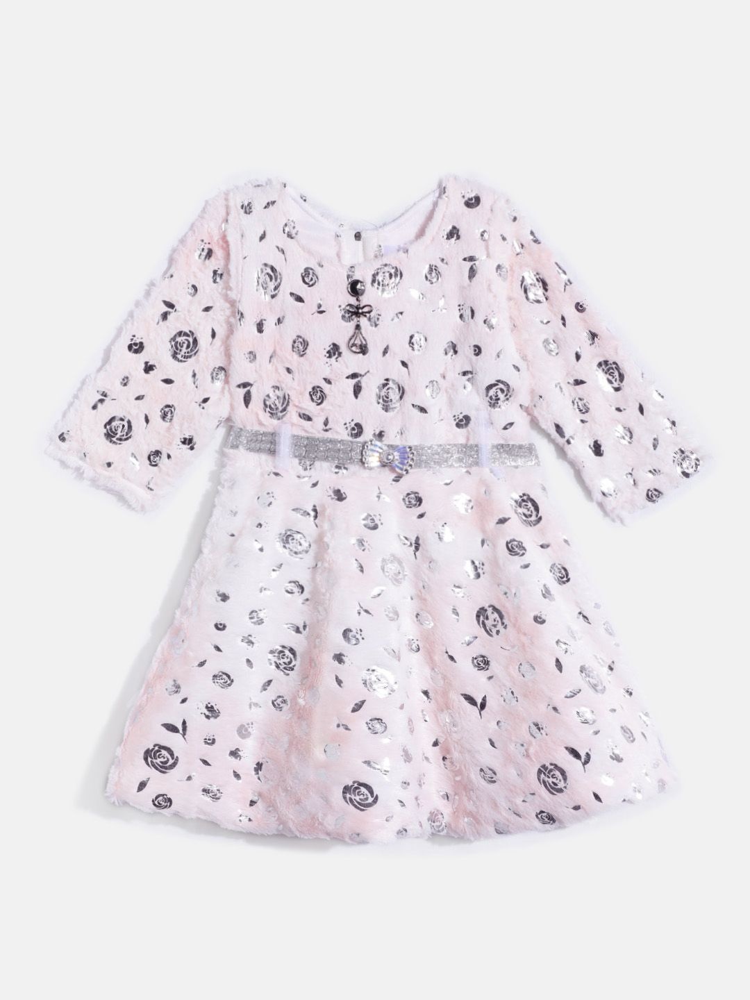 

HERE&NOW Girls Woollen Self Design A-Line Midi Dress With Belt, Peach