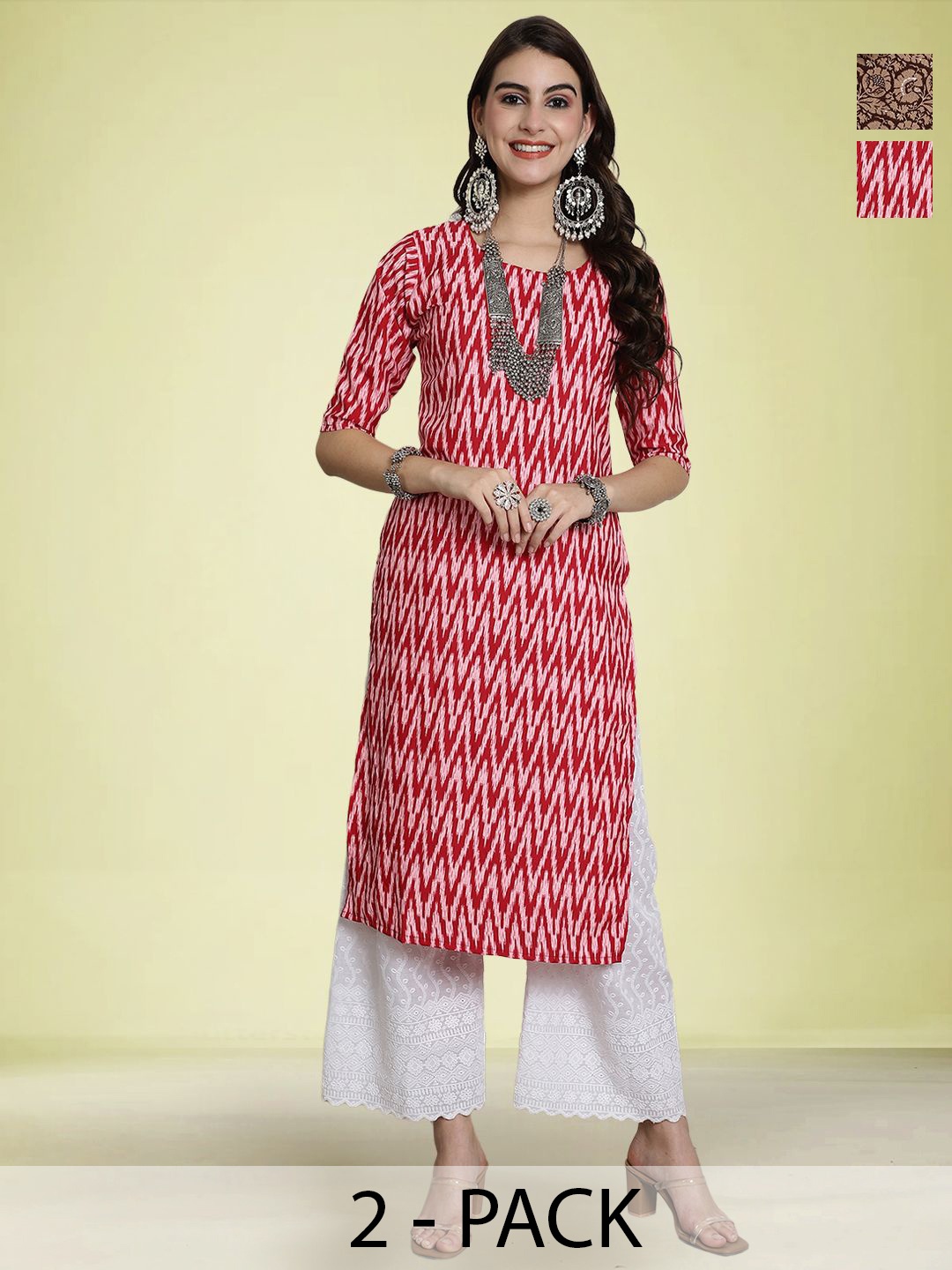 

Moda Rapido Selection Of 2 Chevron Printed Round Neck Straight Kurta, Red