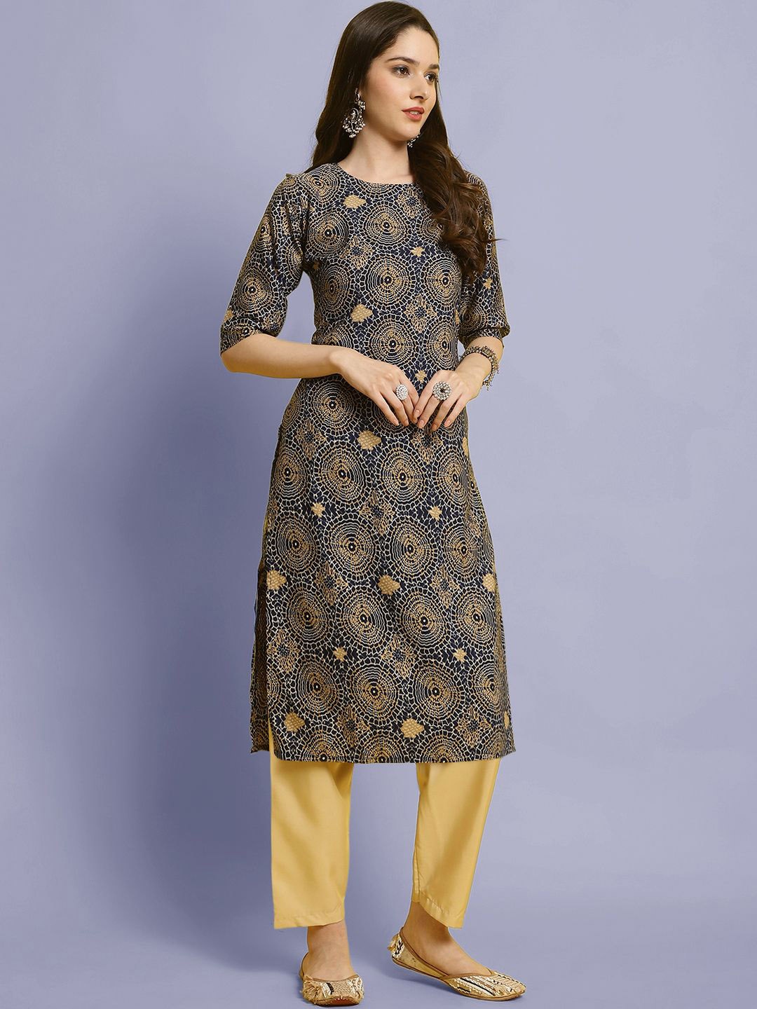 

Moda Rapido Geometric Printed Round Neck Straight Kurta With Trouser, Blue