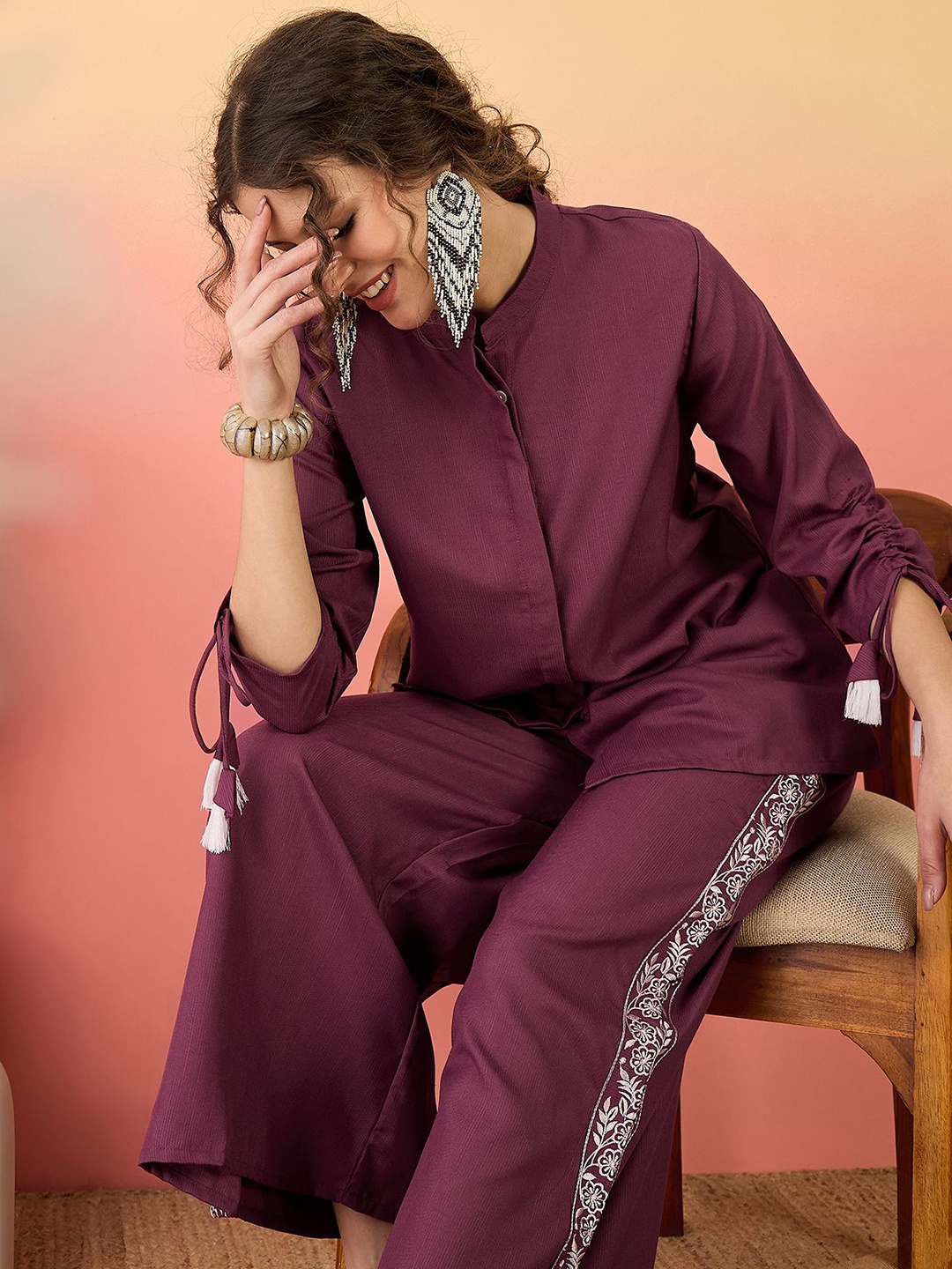 

Sangria Burgundy Self Design Mandarin Collar Shirt With Palazzos