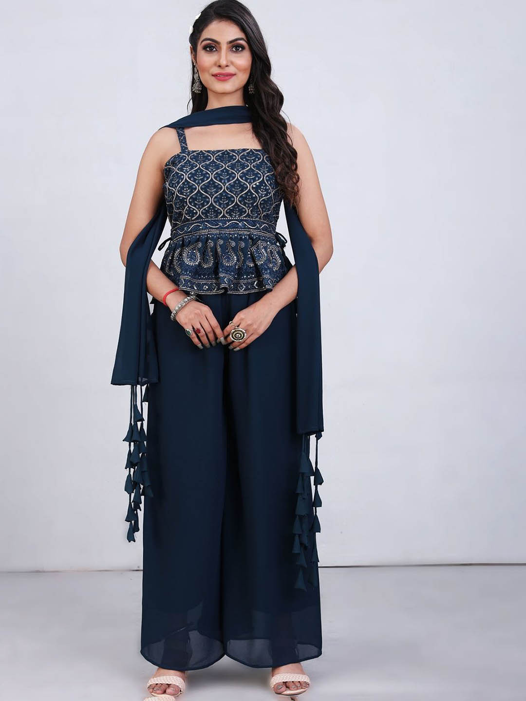 

SANCIA Embroidered Pleated Sequinned A-Line Kurti with Palazzos & Dupatta, Teal