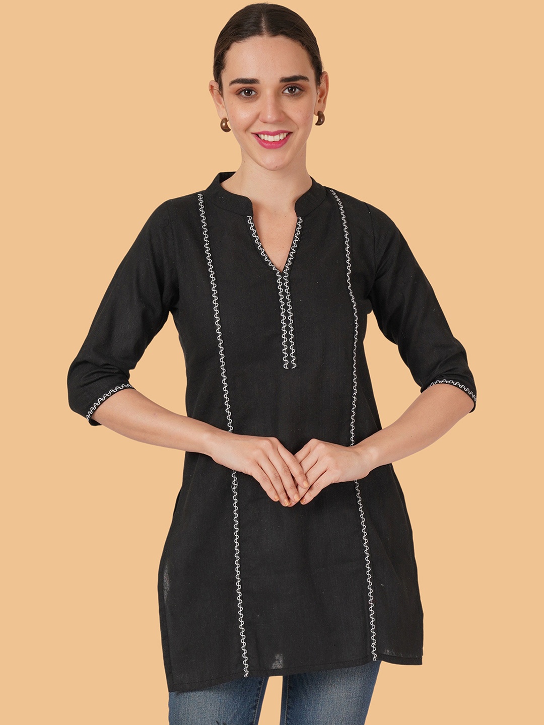 

Brownverse Mandarin Collar Thread Work Pure Cotton Straight Kurti, Black