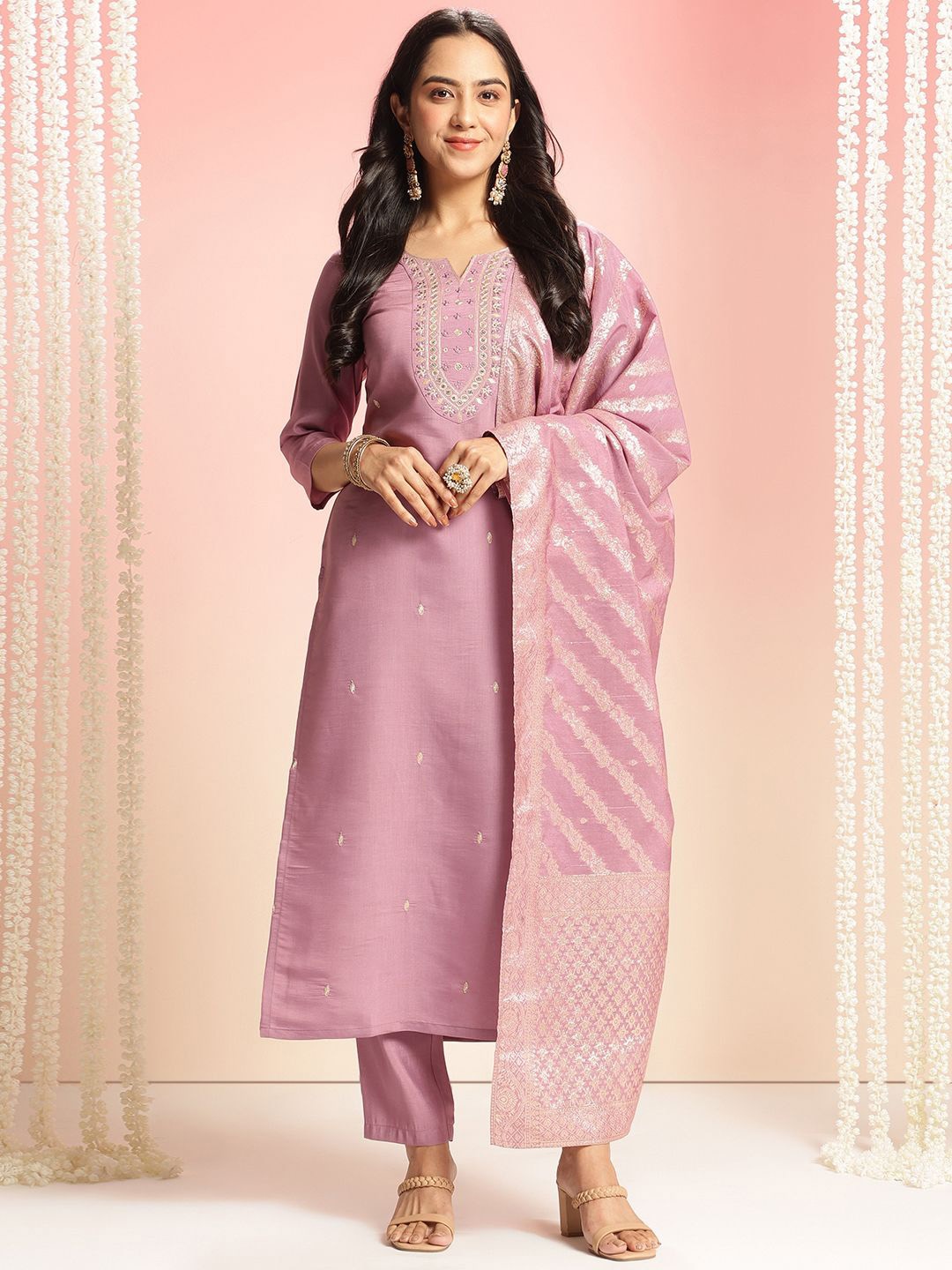 

GoSriKi Ethnic Motifs Embroidered Notch Neck Straight Kurta With Trousers & Dupatta, Purple