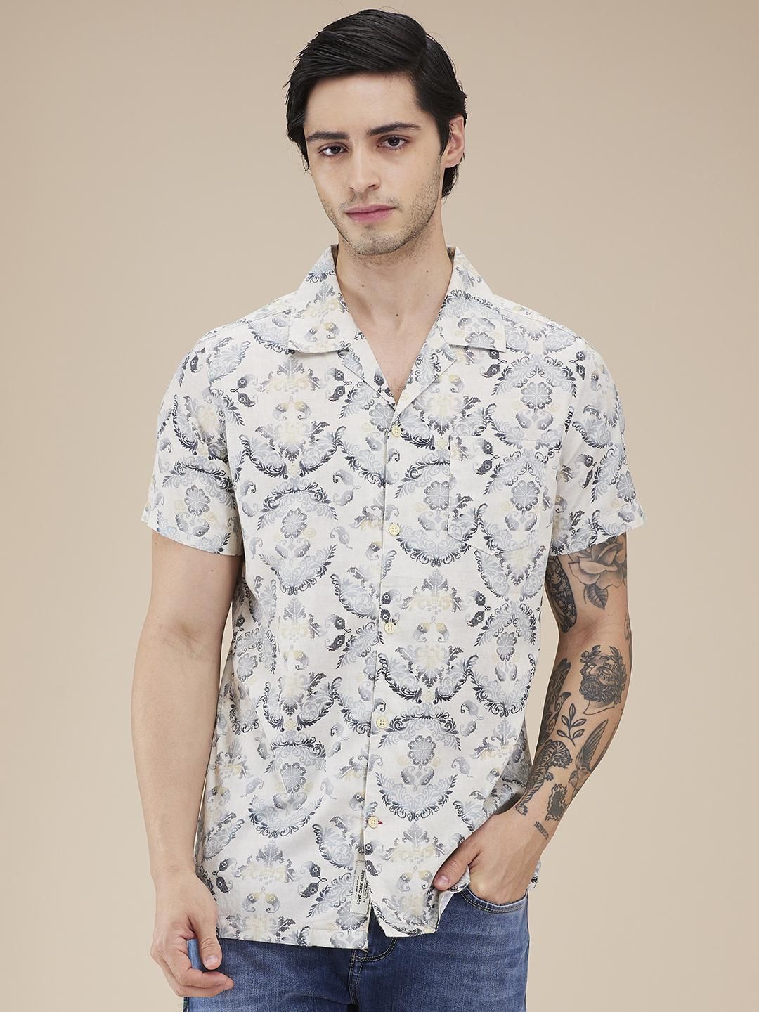 

Being Human Men Classic Fit Cuban Collar Floral Printed Cotton Casual Shirt, Beige