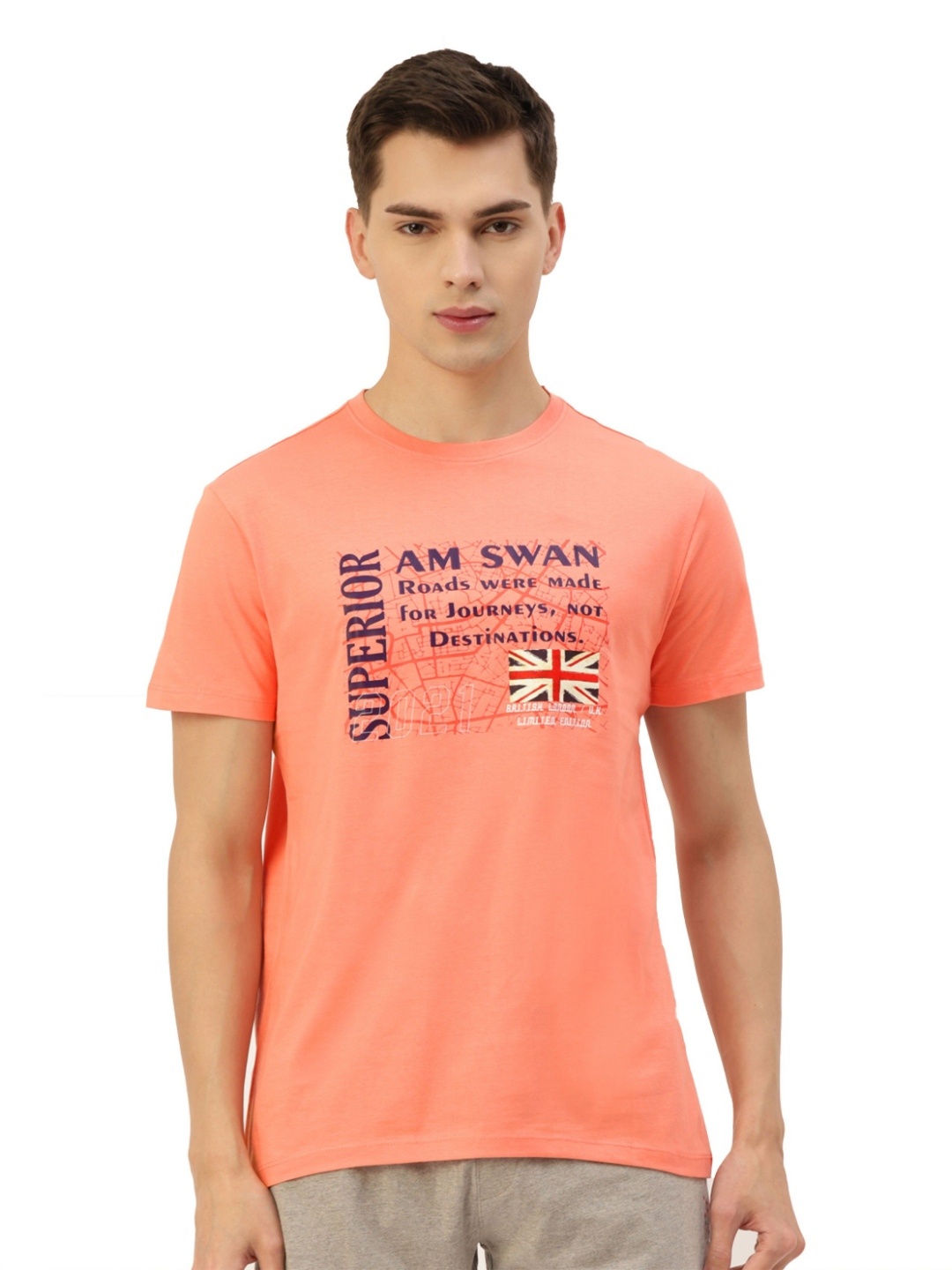 

AMSWAN Men Typography Printed Applique T-shirt, Peach