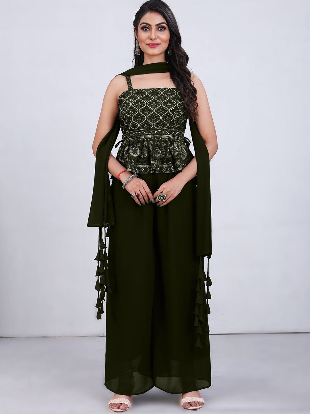 

SANCIA Women Embroidered Pleated Sequinned Kurta with Palazzos & With Dupatta, Olive