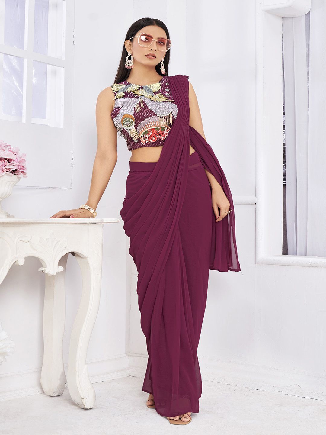

Krimmple Beads and Stones Pure Georgette Ready to Wear Saree, Maroon