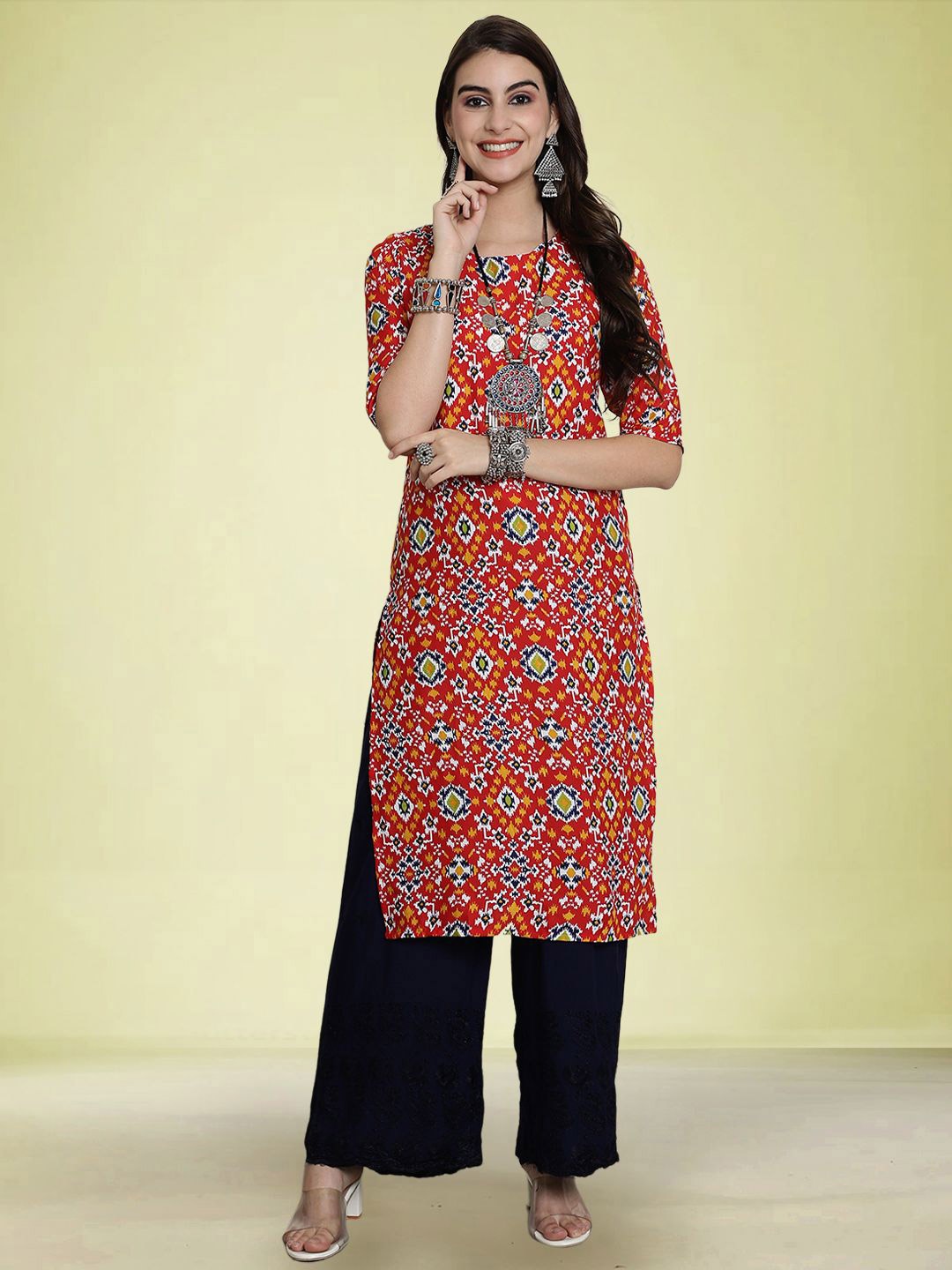 

Moda Rapido Selection Of 2 Ethnic Motifs Printed Round Neck Straight Kurta, Red