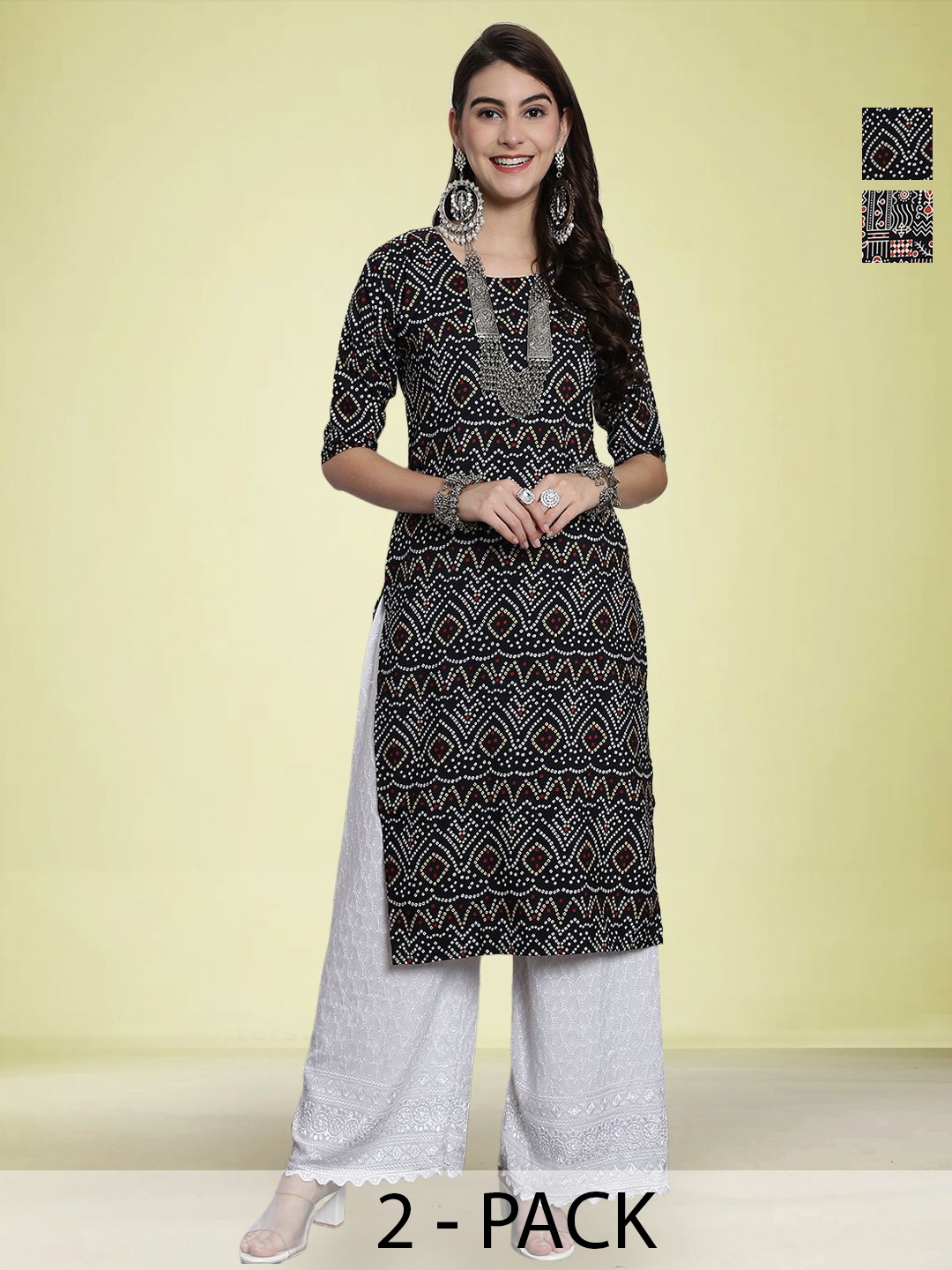 

Moda Rapido Selection Of 2 Bandhani Printed Round Neck Straight Kurtas, Black