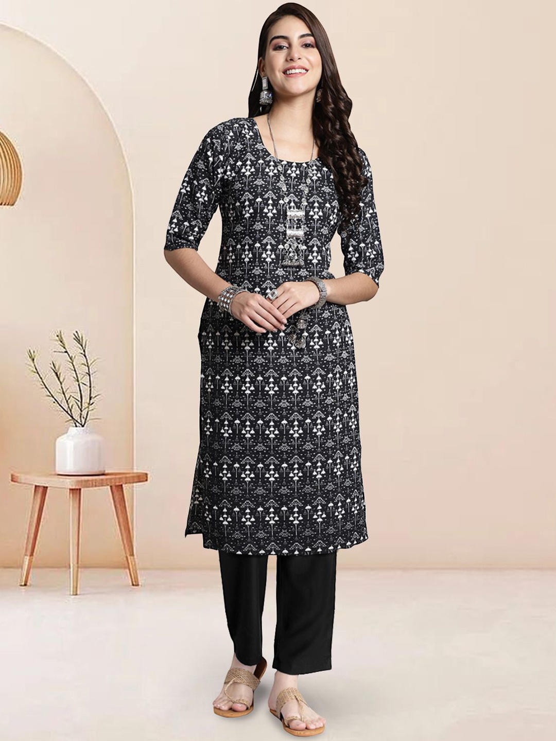 

Moda Rapido Ethnic Motifs Printed Round Neck Straight Kurta With Trouser, Black