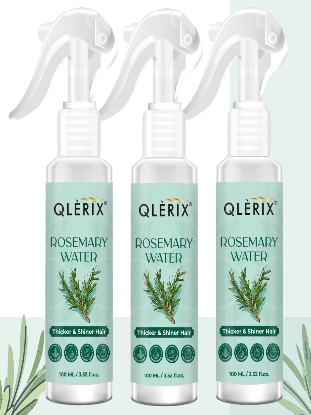 

QLERIX Set Of 3 Rosemary Water Spray For Thicker & Shiner Hair - 100 ml Each, Transparent