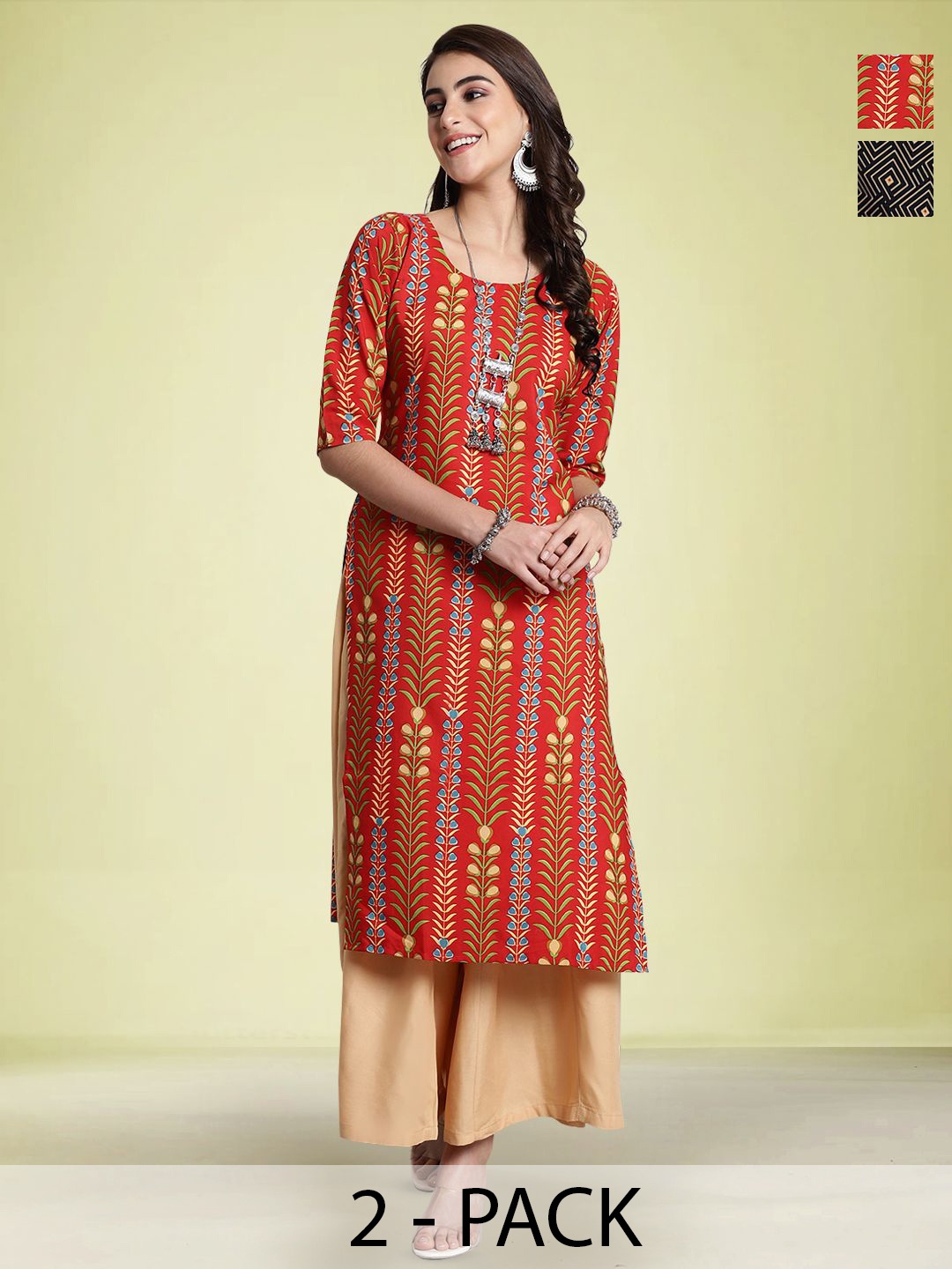 

Moda Rapido Selection Of 2 Floral Printed Round Neck Straight Kurtas, Orange