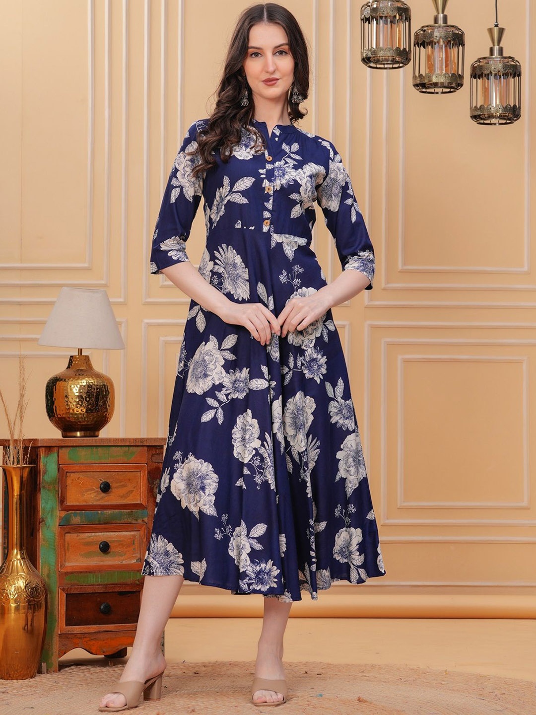 

KIRNYA Floral Printed Mandarin Collar Cotton Anarkali Ethnic Dress, Navy blue