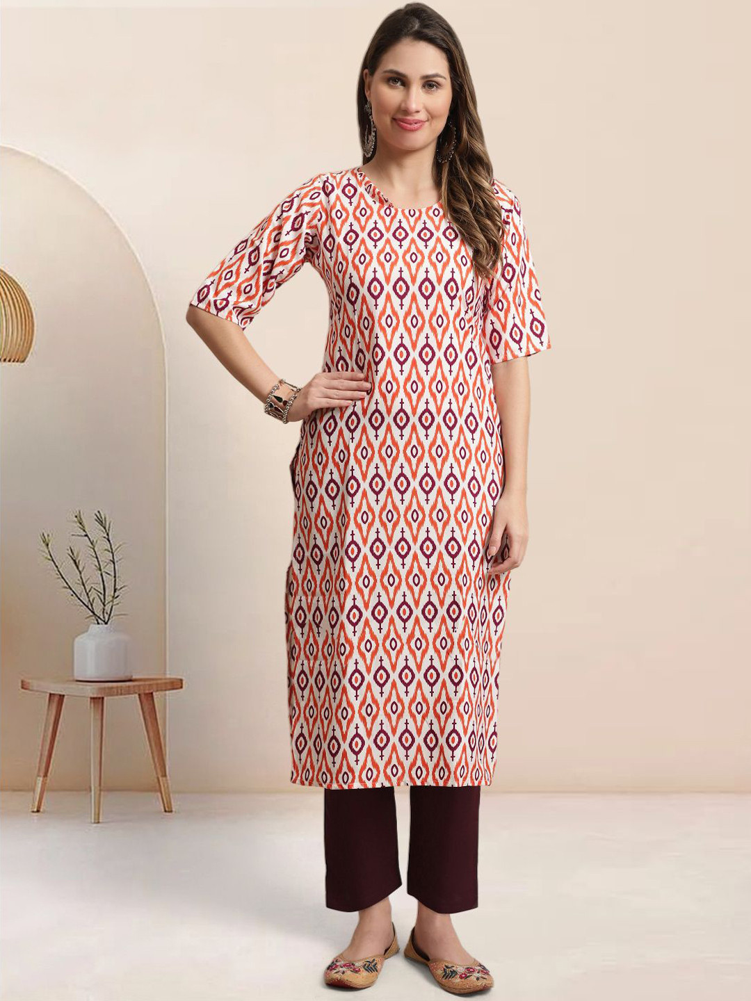 

Moda Rapido Geometric Printed Round Neck Straight Kurta With Trousers, White