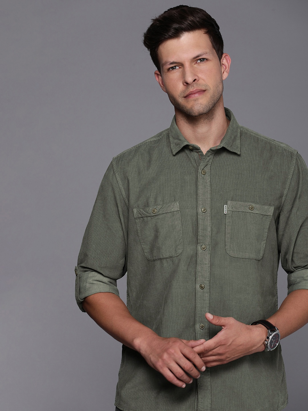 

Louis Philippe Jeans Pure Cotton Corduroy Slim Fit Casual Shirt, Olive