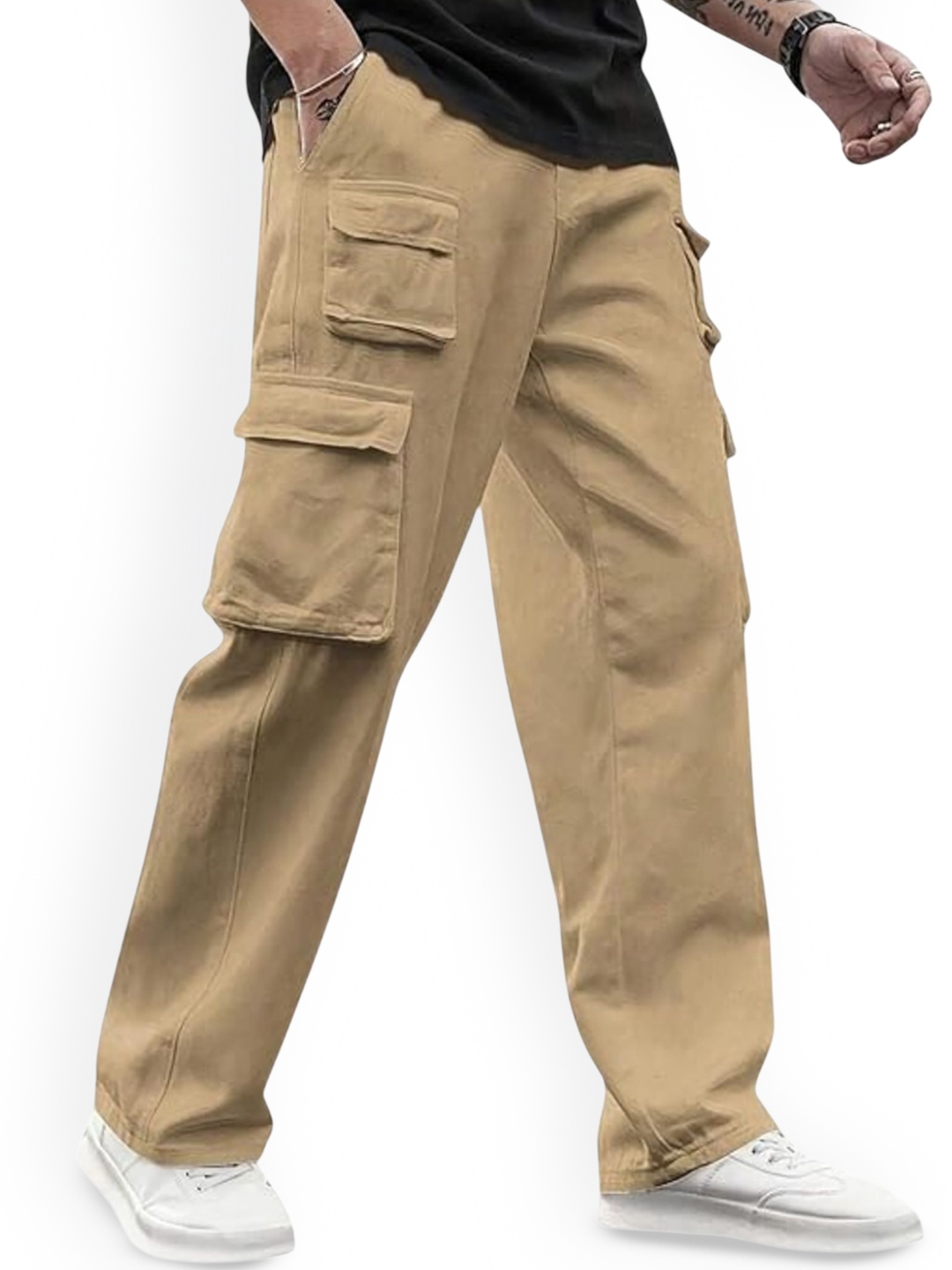 

ASHTOM Men Regular Loose Fit Cotton Cargo Pants, Khaki