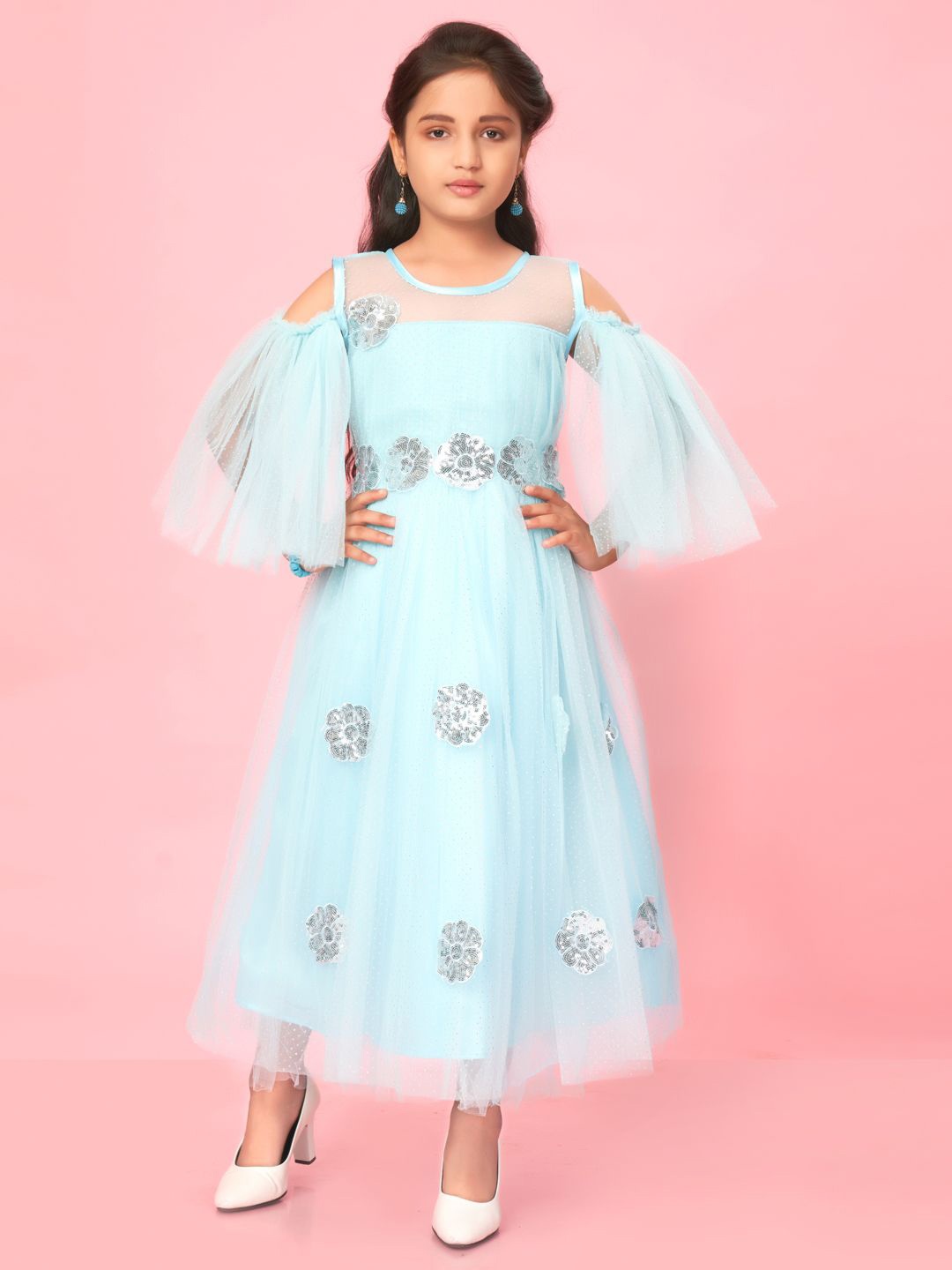 

HERE&NOW Girls Sequined Cold-Shoulder Net Maxi Dress, Turquoise blue