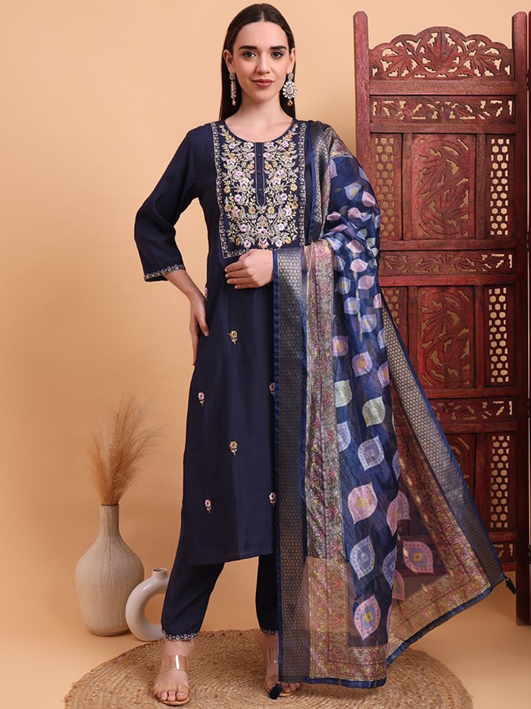 

Krimmple Women Embroidered Regular Kurta with Trousers & With Dupatta, Navy blue