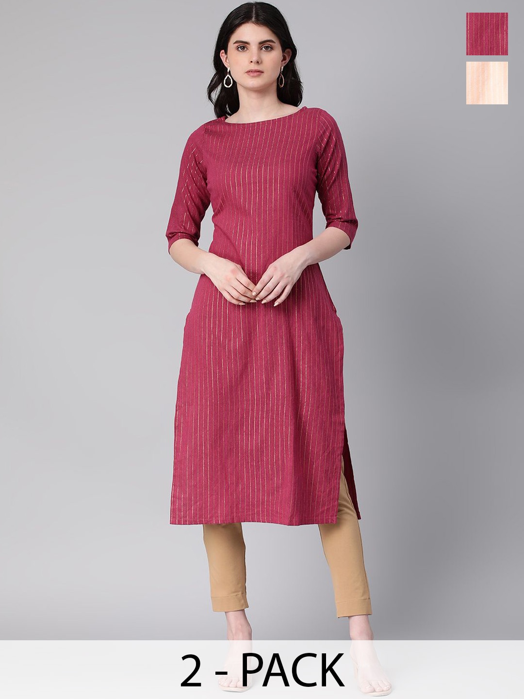 

KALINI Selection Of 2 Striped Round Neck Straight Kurta, Maroon