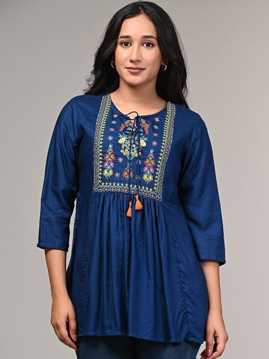 

AVAYAYAT Floral Embroidered Tie-Up Neck Pleated Thread Work A-Line Kurti, Teal
