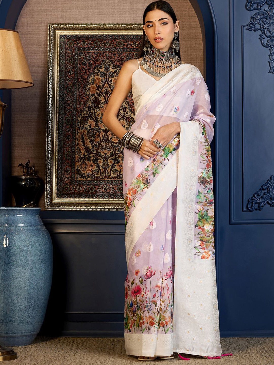 

Mitera Floral Woven Design Zari Designer Saree, Lavender