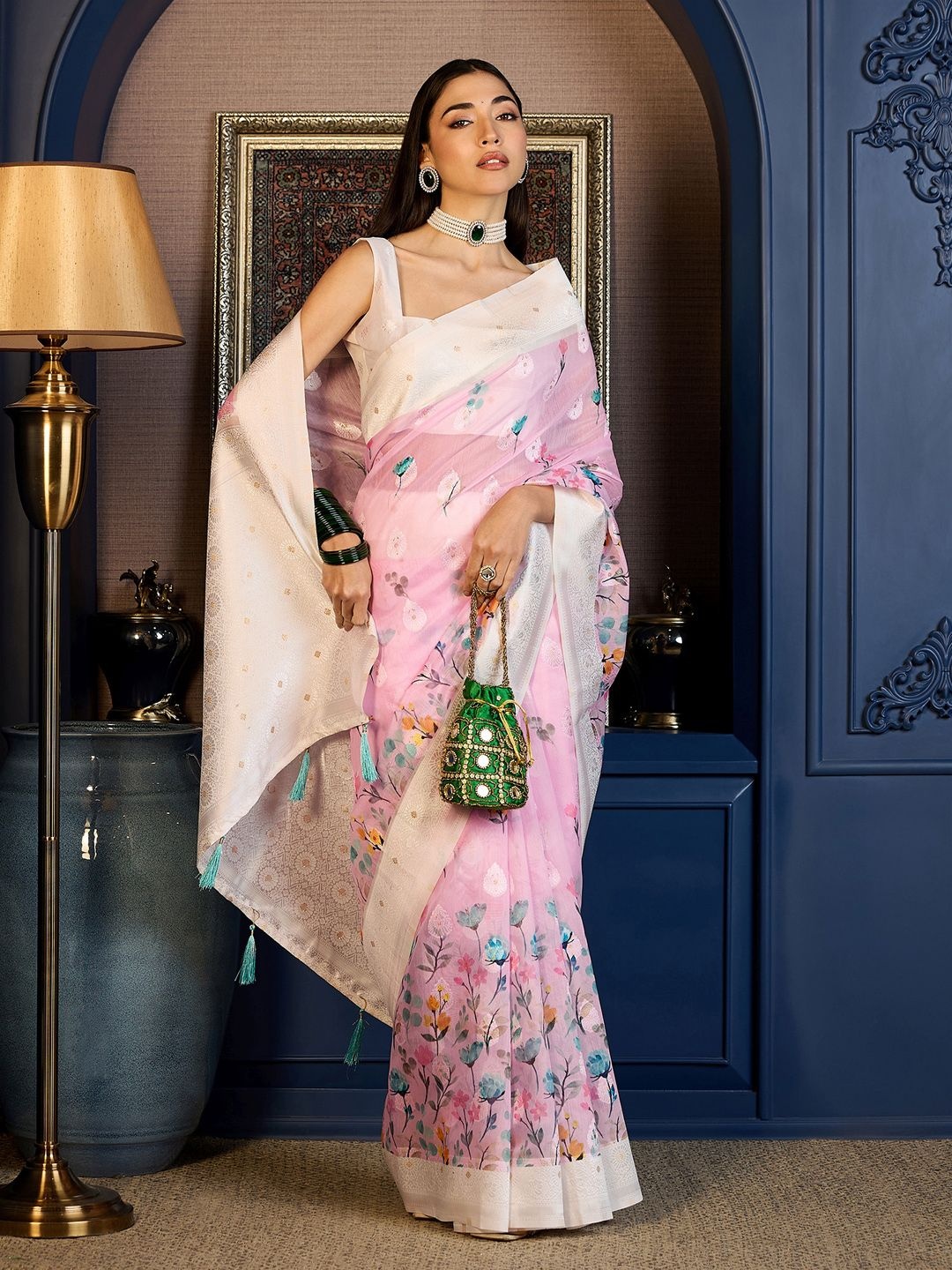 

Mitera Floral Woven Design Zari Muga Saree, Pink