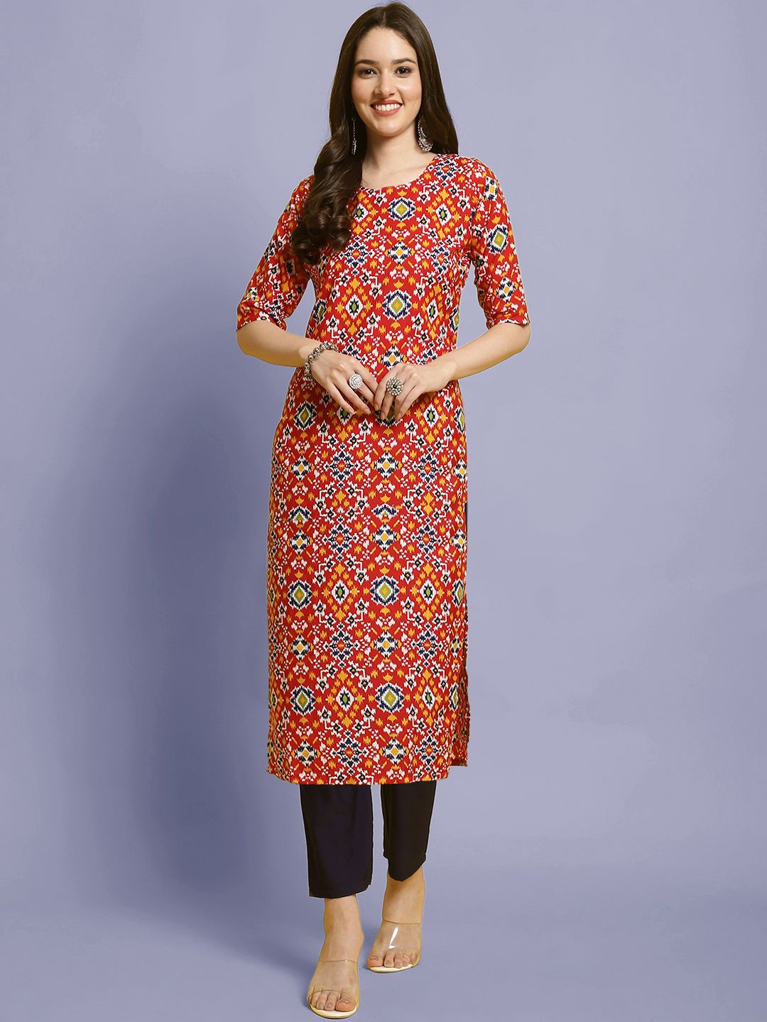 

Moda Rapido Geometric Printed Round Neck Straight Kurta With Trouser, Red