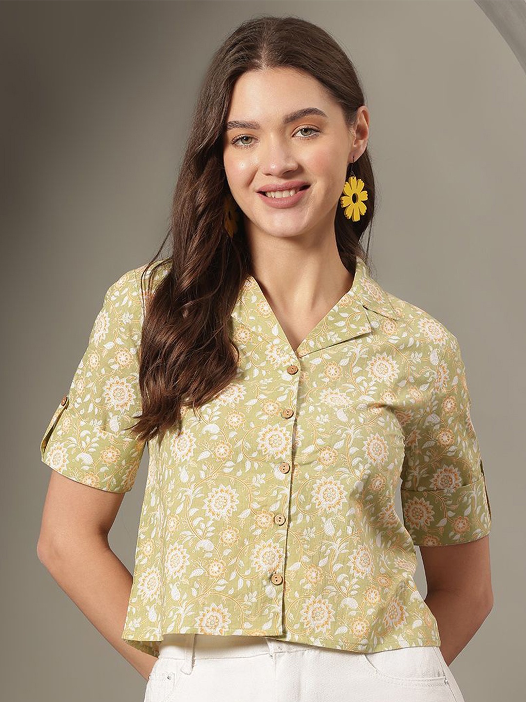 

KALINI Women Floral Print Roll-Up Sleeves Cotton Shirt Style Crop Top, Green