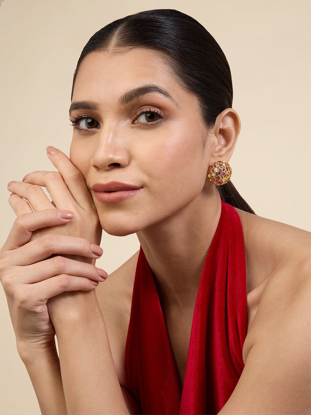 

Isharya 18KT Gold Plated Crystal Ball Stone Studded Contemporary Studs, Pink