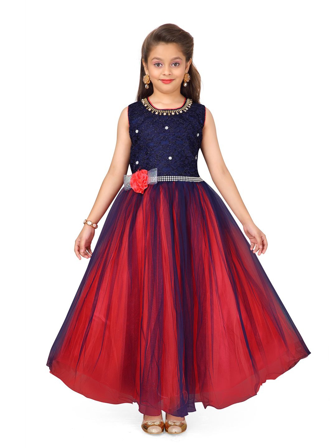 

YK Girls Net Fit & Flare Maxi Dress, Red