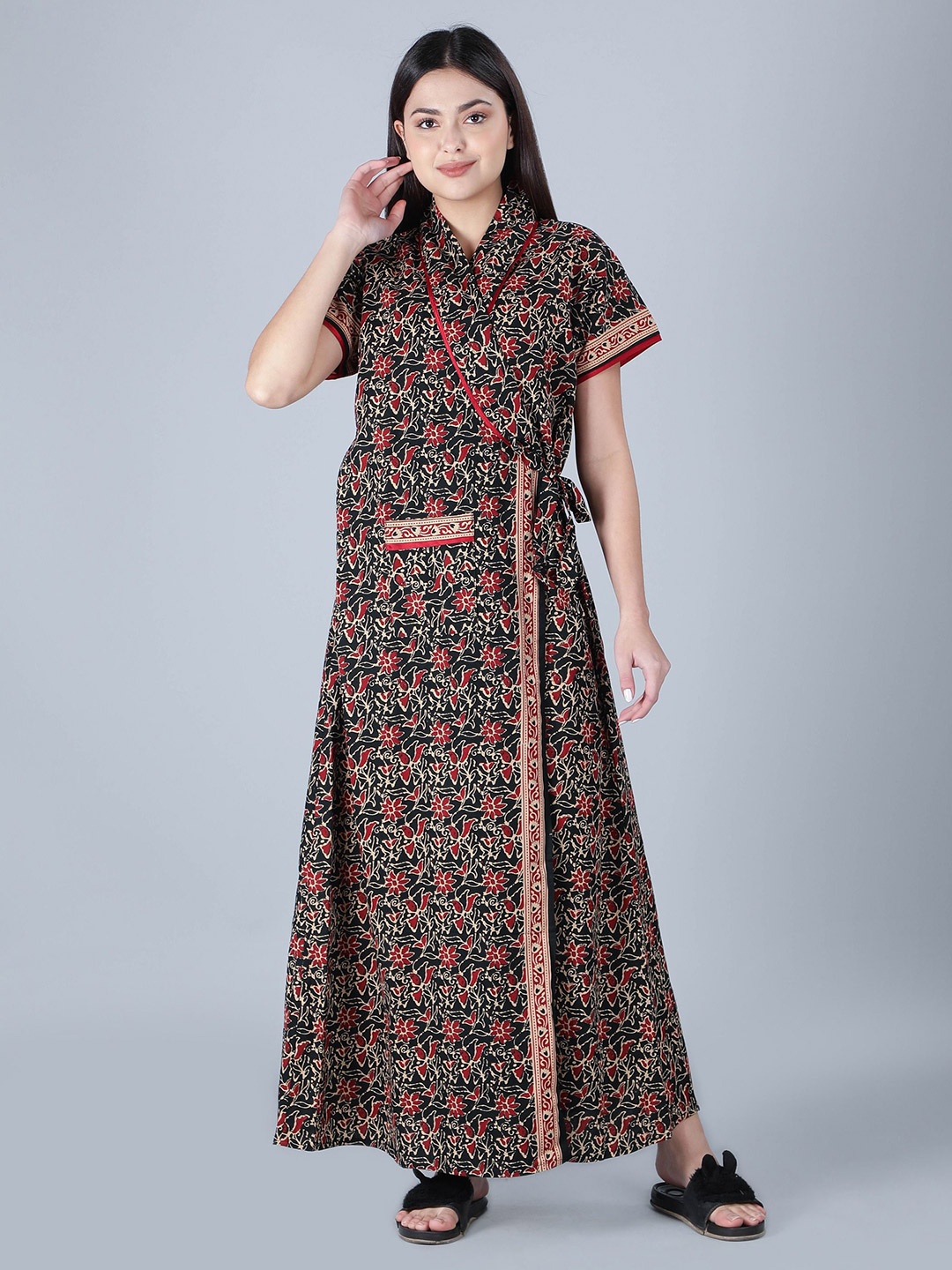 

BELLAMY Women Pure Cotton V-Neck Floral Printed Maxi Wrap Nightdress, Black