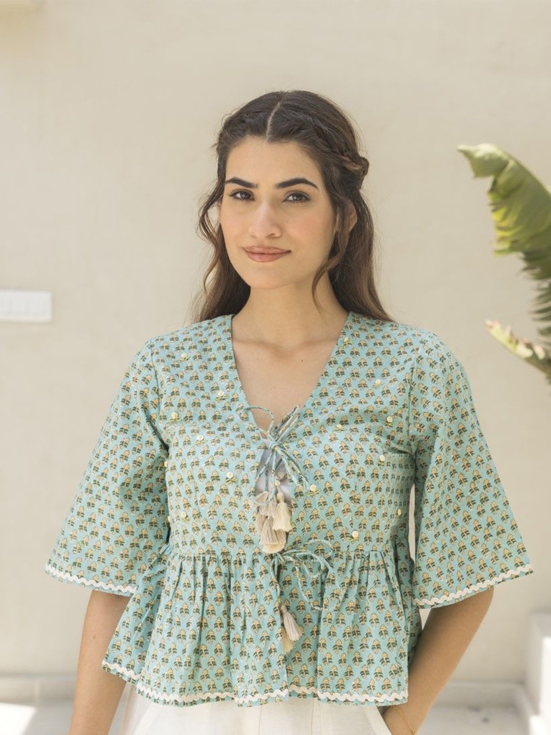 

ANUVAS Women Print Cotton Quaint Top, Turquoise blue