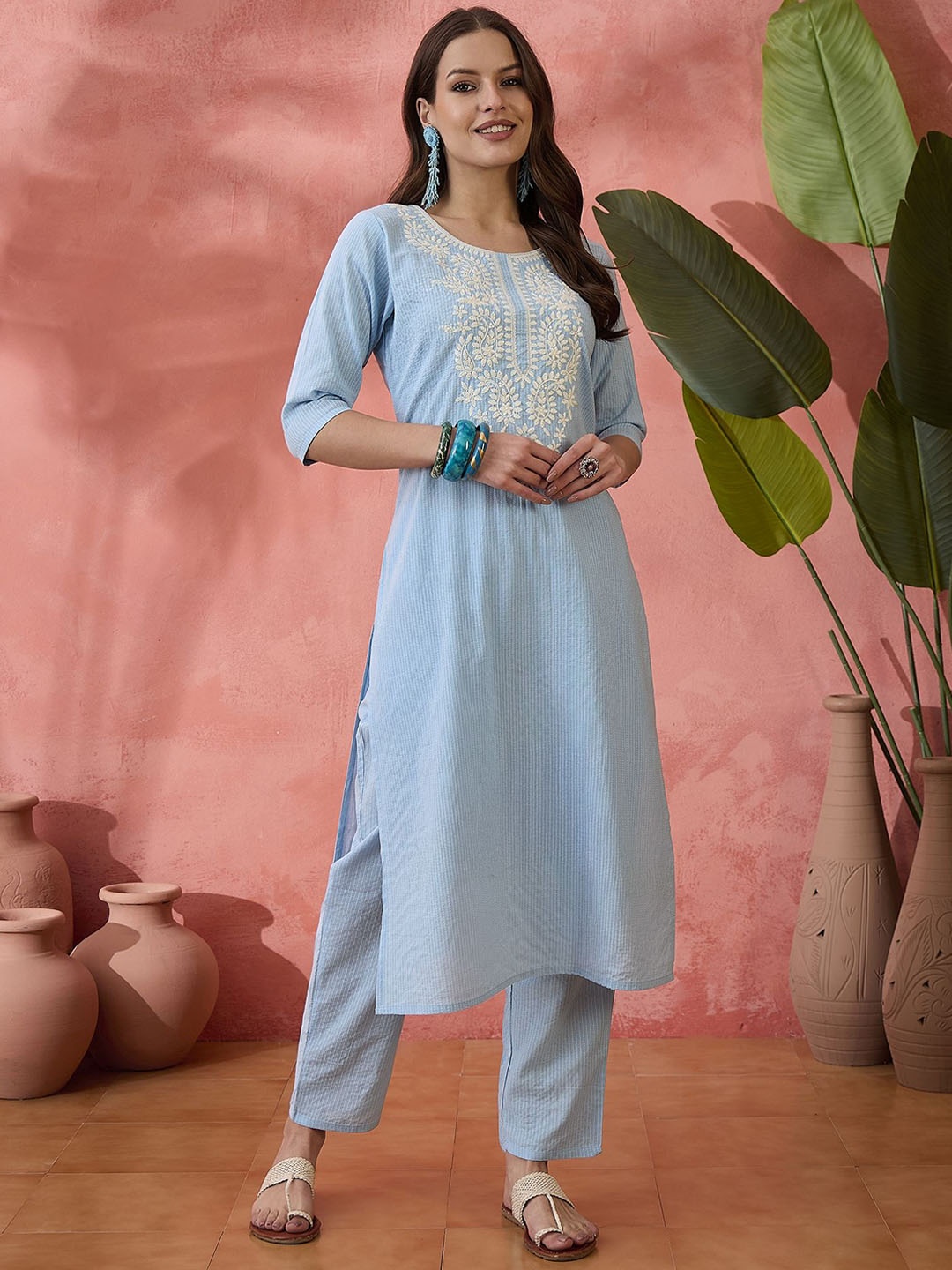 

Sangria Blue Floral Embroidered Pure Cotton Kantha Work Straight Kurta With Trousers