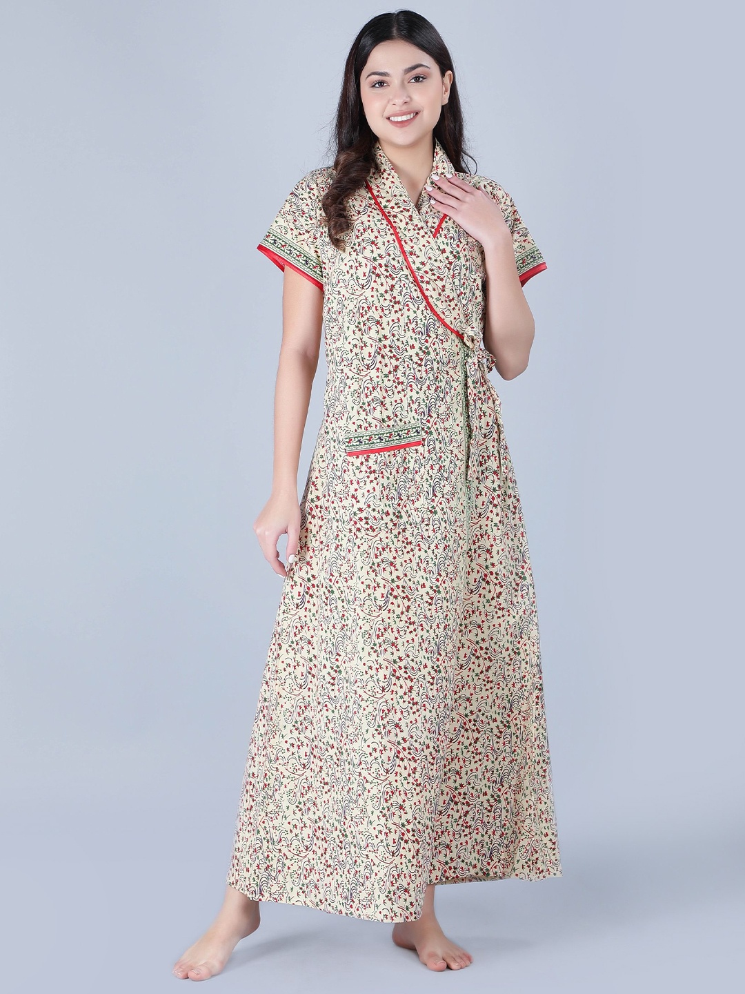 

BELLAMY Women Floral Printed Pure Cotton Maxi Nightdress, Cream