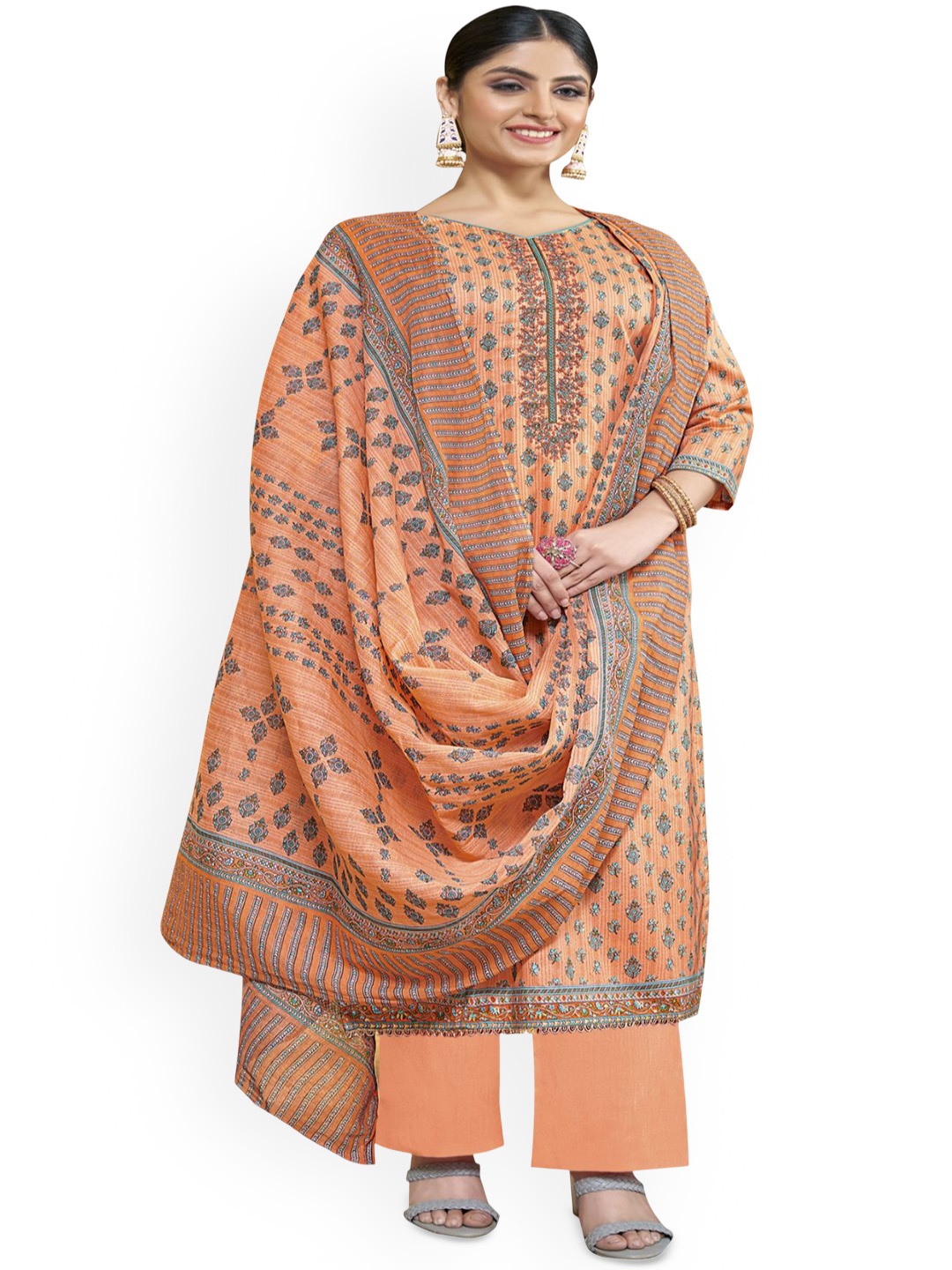 

DRAVINAM Trends Embroidered Pure Cotton Unstitched Dress Material, Orange